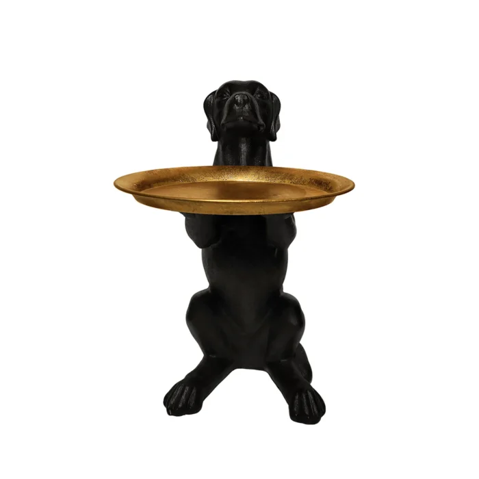 FIGURA DECORATIVA DOG EN RESINA CON CHAROLA DE METAL ACABADO NEGRO Y DORADO - Image 4