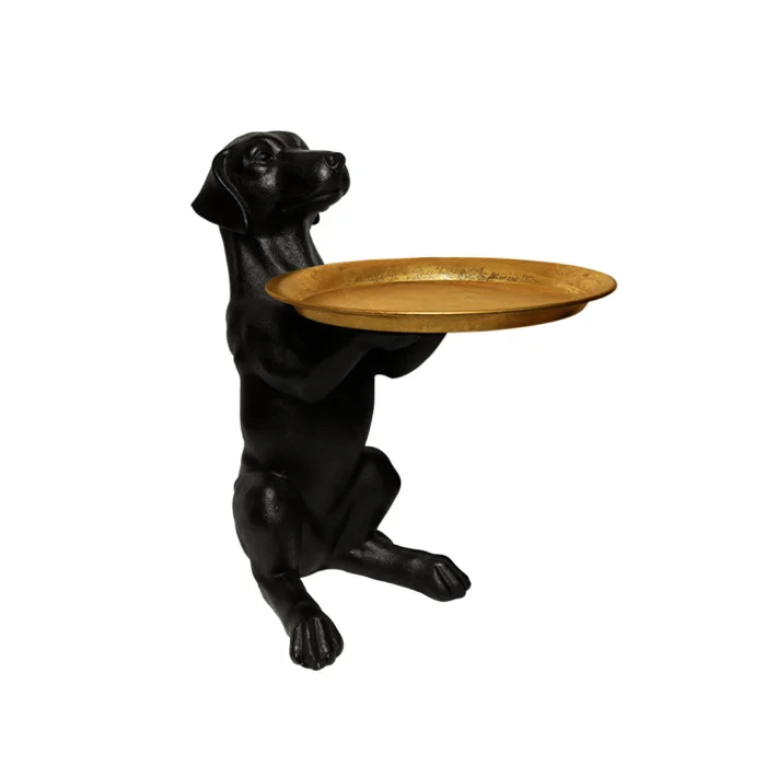 FIGURA DECORATIVA DOG EN RESINA CON CHAROLA DE METAL ACABADO NEGRO Y DORADO - Image 5