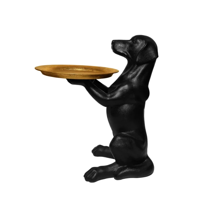 FIGURA DECORATIVA DOG EN RESINA CON CHAROLA DE METAL ACABADO NEGRO Y DORADO - Image 2